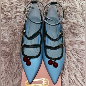Pretty Ballerinas Blue flats with Cherry Accents pointed toe
